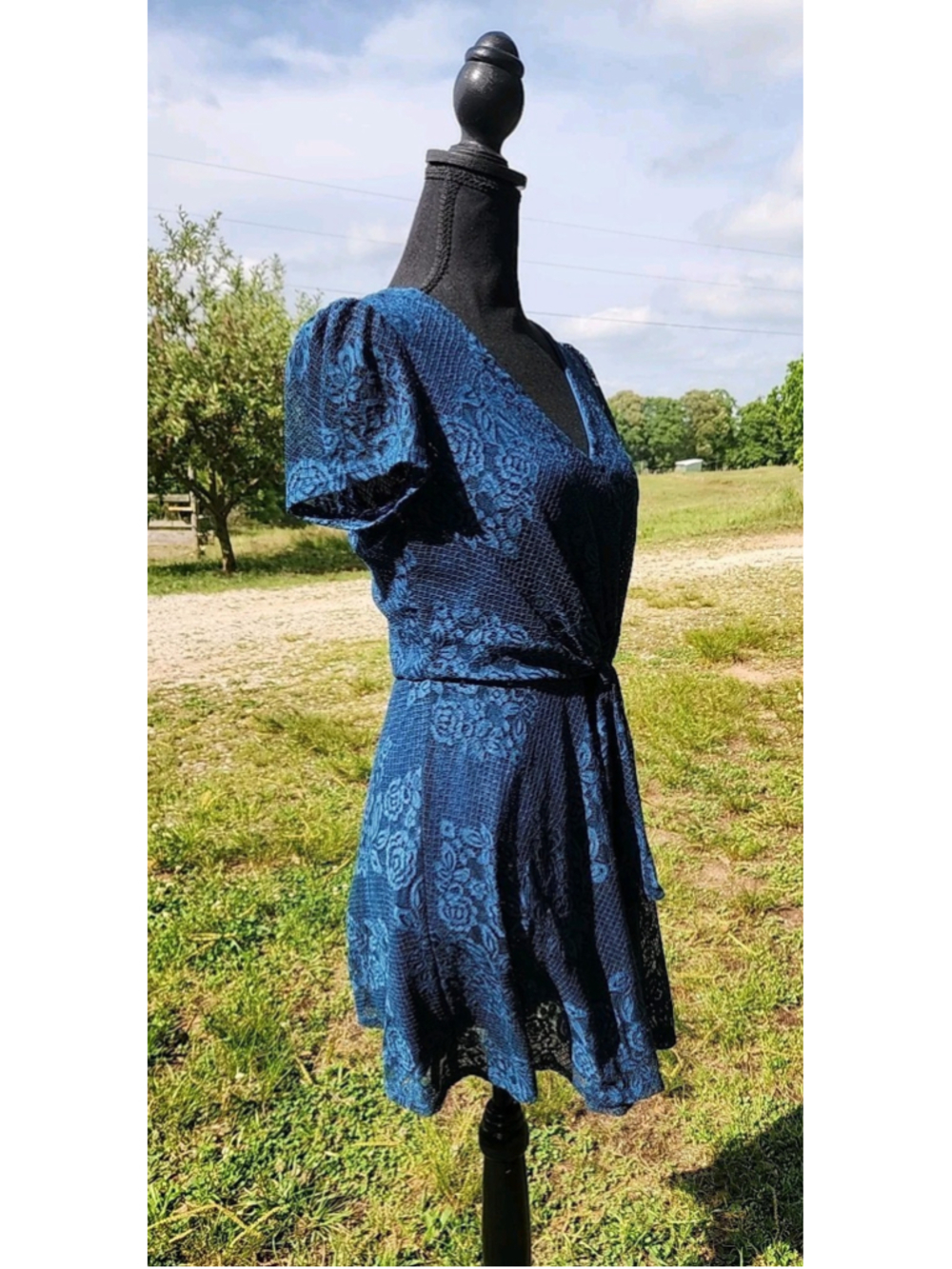 As You Wish Women Lace Fit & Flare Twist Front Short Sleeve Dress Blue,Sz S,EUC